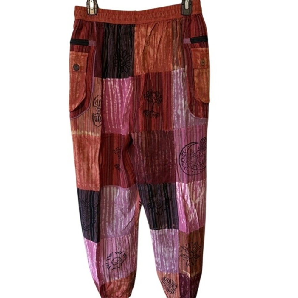 Rising International Patchwork Harem Pants Pink Red Cotton Boho Joggers Large - Picture 3 of 7